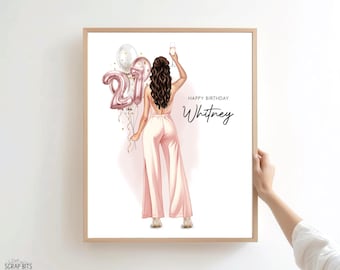 May include: A framed digital illustration of a person with long brown hair seen from behind, wearing a light pink jumpsuit. The person holds a glass and rose gold balloons shaped like the number 21. Text reads HAPPY BIRTHDAY Whitney.