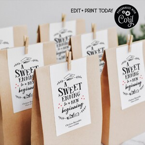 BEWERKBARE afstuderen gunst Tags, zoet einde van een nieuw begin, Laurel Doodle Grad Party Decor, Dessert Party Tags, DIY afdrukbare sjabloon