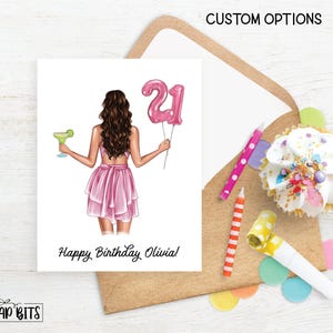 21st Birthday Card, Foil Number Balloons & Cocktail, Personalized Birthday Girl Card, Custom Milestone Card, A2 Size, Includes Envelope image 2
