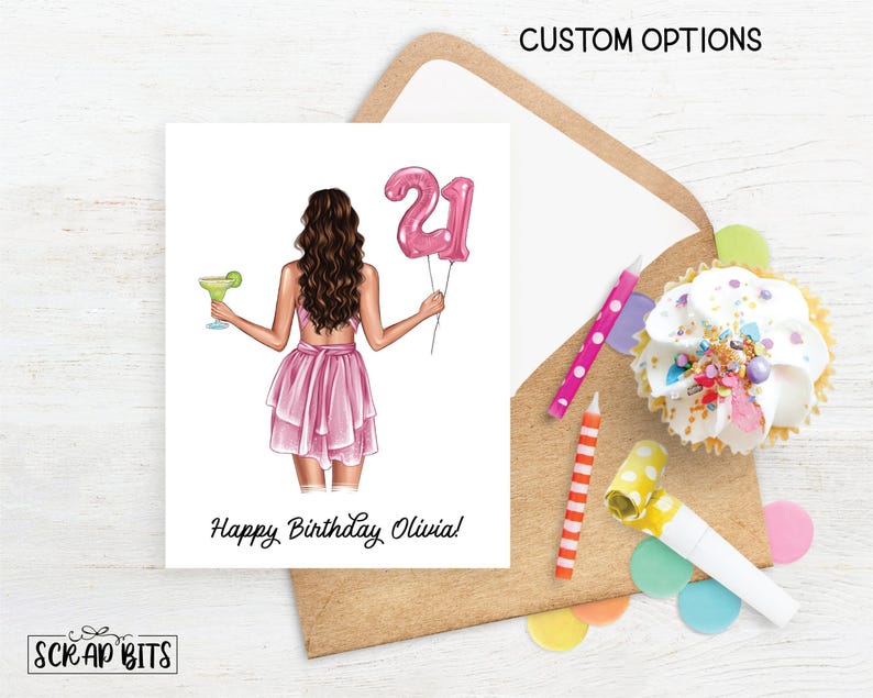 21st Birthday Card, Foil Number Balloons & Cocktail, Personalized Birthday Girl Card, Custom Milestone Card, A2 Size, Includes Envelope image 2