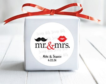 Wedding Favor Stickers and Bags, Mr.& Mrs Stickers, Mustache + Lips Personalized Wedding Labels, Hipster Wedding Labels
