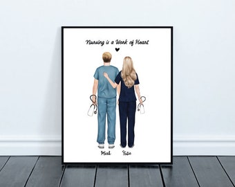 Retrato de mejores amigas enfermeras, ilustración personalizada, arte mural imprimible, descarga digital, regalo personalizado para compañeros del departamento de medicina.