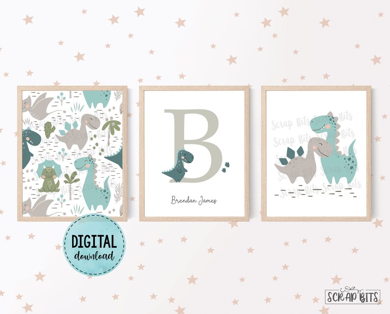 Dinosaur Nursery Wall Art Set Newborn Keepsake Gift Printable Personalized Nursery Prints Dinosaur Baby Name Print