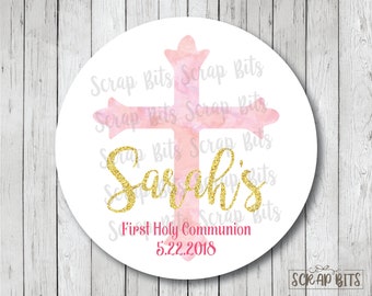 First Communion Stickers . Watercolor Cross, Gold Glitter . Personalized Gift Labels or Tags . 3 Sizes