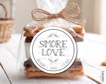 Etiquetas personalizadas para recuerdos de boda con temática de s'mores, ramitas con dibujos encantadores, pegatinas o etiquetas para kits.