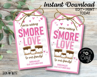 EDITABLE Printable Baby Shower Tags, We're Adding S'more Love To Our Family, S'mores Tags, Smore Baby Shower Tags, S'more Baby Shower, Pink