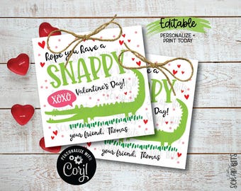 EDITABLE Alligator Valentine Tags, Hope You Have A Snappy Valentine's Day, Printable Kids Classroom Tags, Personalized Valentines