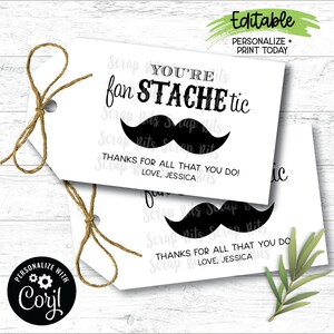 EDITABLE Mustache Tags, You're Fan Stache Tic, Teacher Appreciation Tags, Printable Thank You Tags, Mustache Appreciation Tags