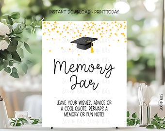 Letrero para frasco de recuerdos de graduación, estilo informal con birrete y confeti, letrero para mesa de fiesta de graduación, descarga instantánea.