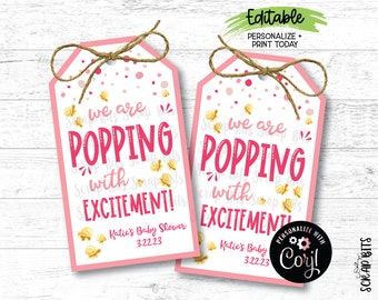 EDITABLE Popcorn Baby Shower Tags, Pink Popping With Excitement, Printable Baby Shower Favor Tags