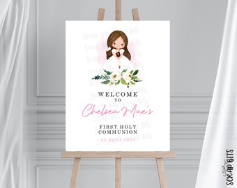 First Communion Welcome Sign, White Floral Girl Communion Party Sign . Personalized Printable Digital Download