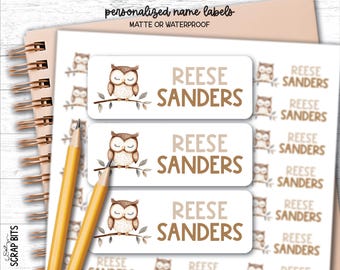 Owl on Branch Name Labels, Personalized Waterproof Kids School Stickers, Custom Belonging Labels