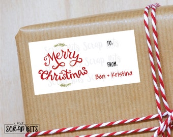 Personalized Christmas Gift Label . Merry Christmas  Swirly Lettering . To From Christmas Gift Stickers . Rectangular Gift Labels