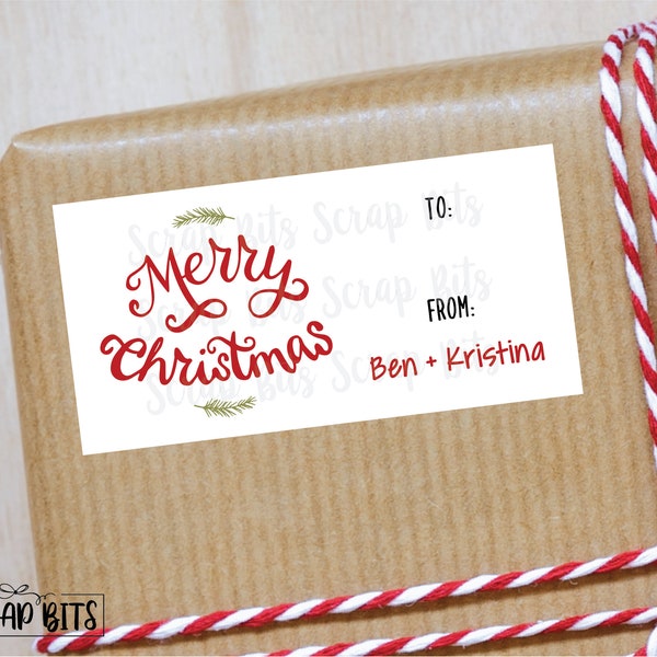 Personalized Christmas Gift Label . Merry Christmas  Swirly Lettering . To From Christmas Gift Stickers . Rectangular Gift Labels