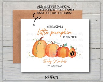 Fall Pregnancy Announcement, We're Adding a Little Pumpkin To Our Patch Baby Announcement Card, Watercolor Pumpkin Pregnancy Reveal Card