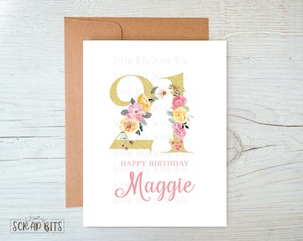 21st Birthday Card, Faux Gold Glitter, Pink & Yellow Roses, Personalized Floral Birthday Card with Name, Gold Glitter 21st Birthday Card