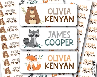 Personalized Name Labels, Cute Woodland Animals, Bear, Raccoon, Fox Belonging Labels for Books, Folders, Notebooks . Waterproof or Matte 001