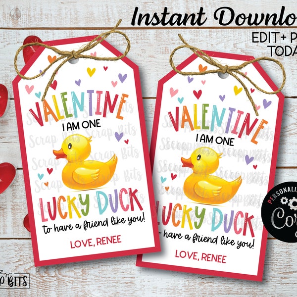 EDITABLE Printable Valentine's Day Tags, Valentine Duck Tags, One Lucky Duck Tags, Rubber Duck Valentine Tags