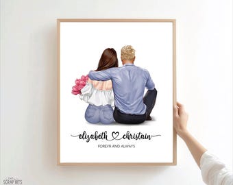 Couple Portrait Print, Custom Digital Drawing, Personalized Anniversary or Engagement Gift, Sitting