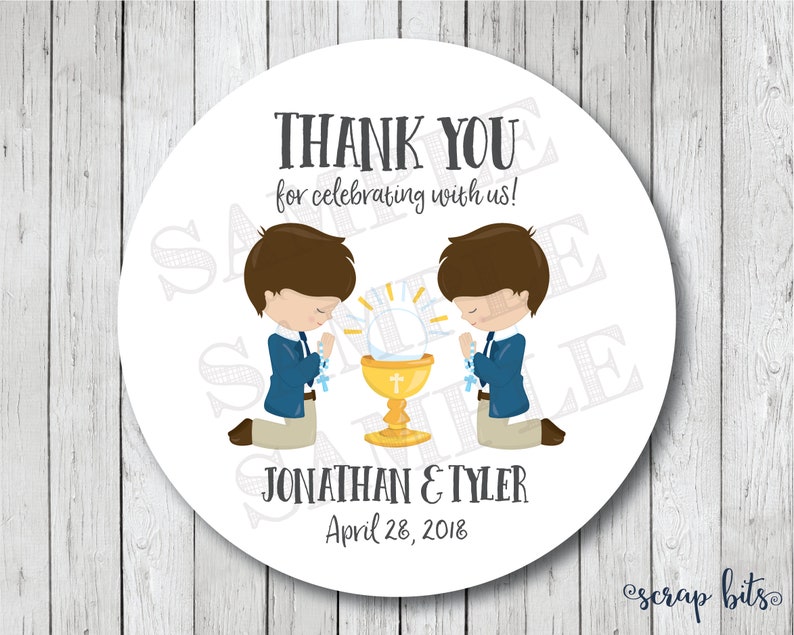 Twin Boy First Communion Stickers Communion Favor Tags or Labels Communion Thank You Stickers Personalized First Holy Communion Tags