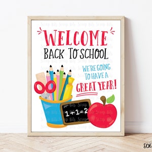 Zurück in der Schule Zeichen, Willkommen zurück Poster, Bleistiftbecher, Apfel & Tafel druckbare Klassenzimmer Dekor, Lehrer Türschild, sofortiger Download