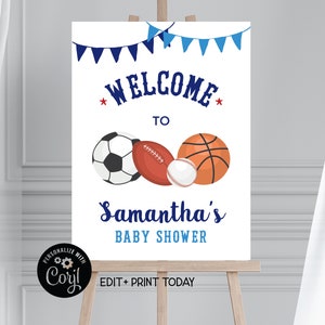 EDITABLE Welcome Sign Template, Personalized Printable Sports Party Welcome Sign, Blue Sports Baby Shower. Digital Download