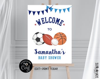 EDITABLE Welcome Sign Template, Personalized Printable Sports Party Welcome Sign, Blue Sports Baby Shower. Digital Download