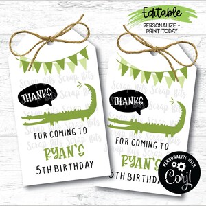 EDITABLE Alligator Birthday Party Tags, Bunting Thank You Tags, Personalized Printable Favor Tags
