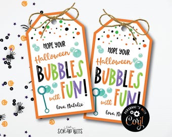 Printable Halloween Gift Tags, Personalied Bubbles With Fun Labels, Editable with Corjl