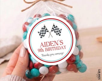 Personalized Racing Birthday Favor Labels, Racing Flags Outline, Stickers or Tags