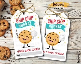 Volleyball Chip Chip Hooray Tags, Chocolate Chip Cookie Tags, Printable Cookie Tag, Game Day Treat Tags, Good Luck Tags, Instant Download