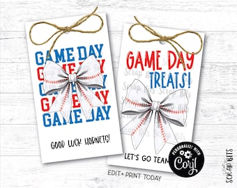 Printable Baseball Game Day Tag Set, Coquette Bow Snack Tags, Party Favor Tags, Good Luck Treat Bag Tags, Editable with Corjl