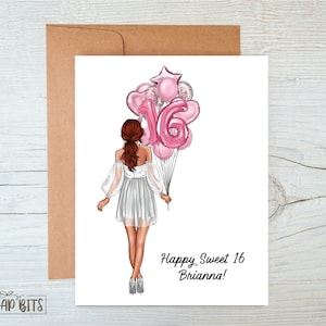 Personalized Birthday Card, Sweet 16 Birthday Card, Balloon Bunch, Custom Girl Birthday Card, Sweet Sixteen Card . Printed or Digital image 3