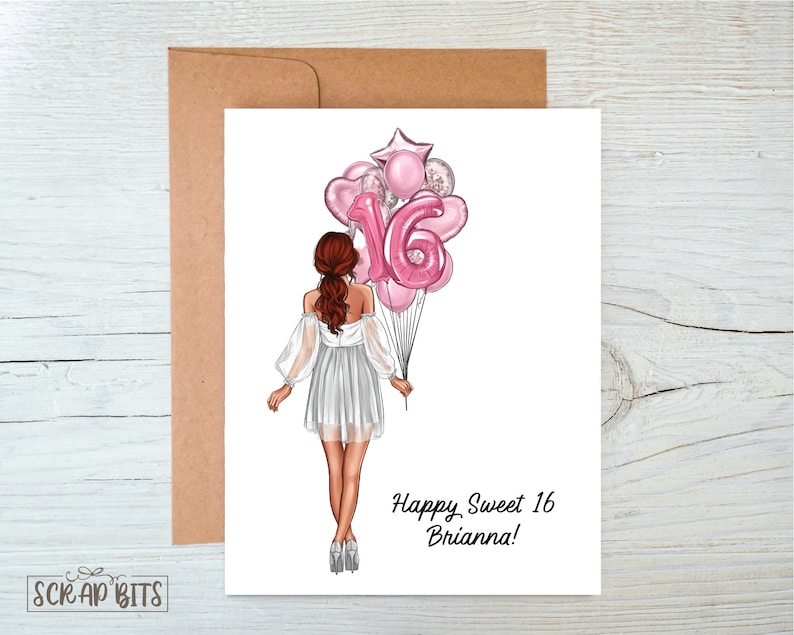 Personalized Birthday Card, Sweet 16 Birthday Card, Balloon Bunch, Custom Girl Birthday Card, Sweet Sixteen Card . Printed or Digital image 3