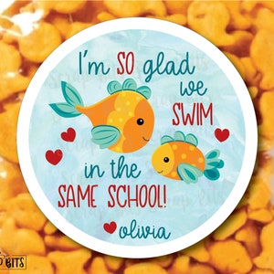 Valentine's Day Stickers . So Glad We Swim In The Same School Goldfish Valentines . Personalized Valentine Gift Labels or Tags . 3 Sizes