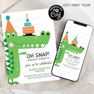Printable Alligator Birthday Invitation, Personalized Crocodile Party Invite for Kids, Digital Template Editable with Corjl