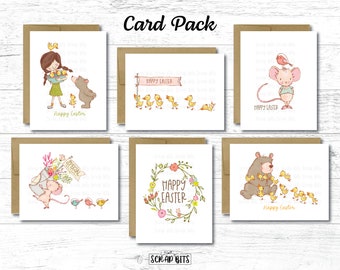 Easter Cards, Watercolor Easter Card Pack of 6, Cute Easter Card Set, Watercolor Chicks, Bear, Mice, Spring Cards, Floral Wreath, Doodles