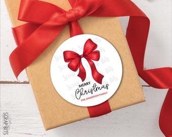 Christmas Gift Labels, Coquette Red Bow Double Loop, Personalized Stickers or Tags for Gift Wrapping