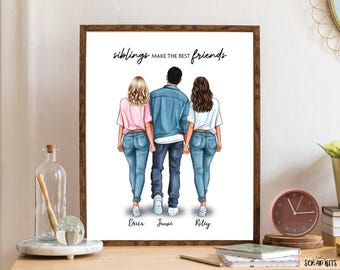 Family Digital Portrait, Siblings Trio Make The Best Friends, Personalized Gift Illustration Print for Sisters, Brothers, Friends