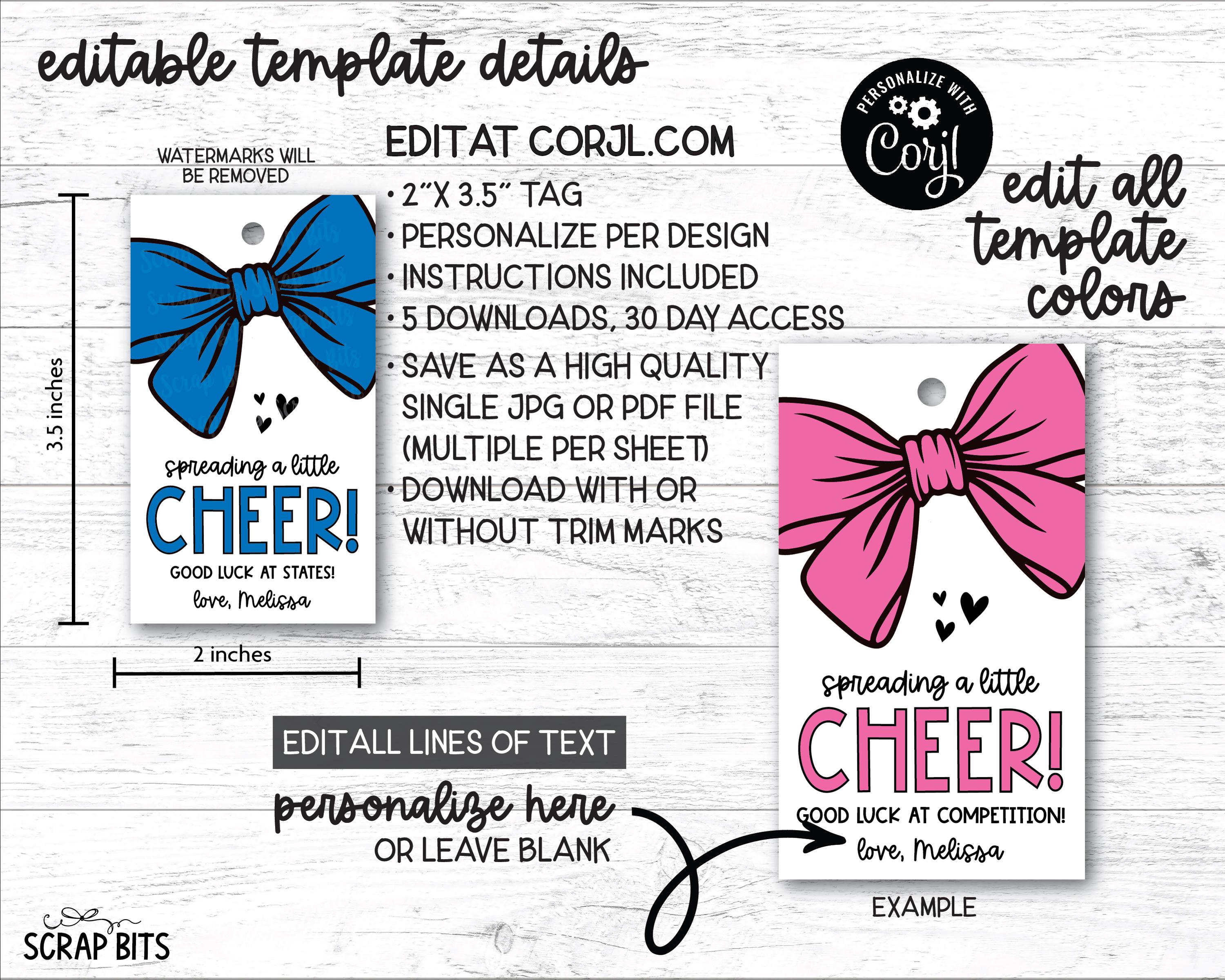 Printable Cheerleading Tags, Big Bow Spreading A Little Cheer, Game Day ...