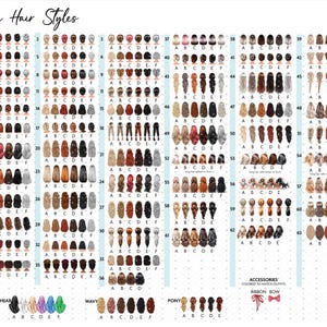 The image is a collage of various female hair styles, each represented by a different image of a person's hair. The styles include different hairstyles, such as straight, curly, braided, and updo. The image is organized in a grid format, with each hairstyle represented by a row of images. The styles are labeled with letters A to F, and the images are labeled with numbers 1 to 60. The image is a visual representation of the diverse hairstyles that women can choose from.
