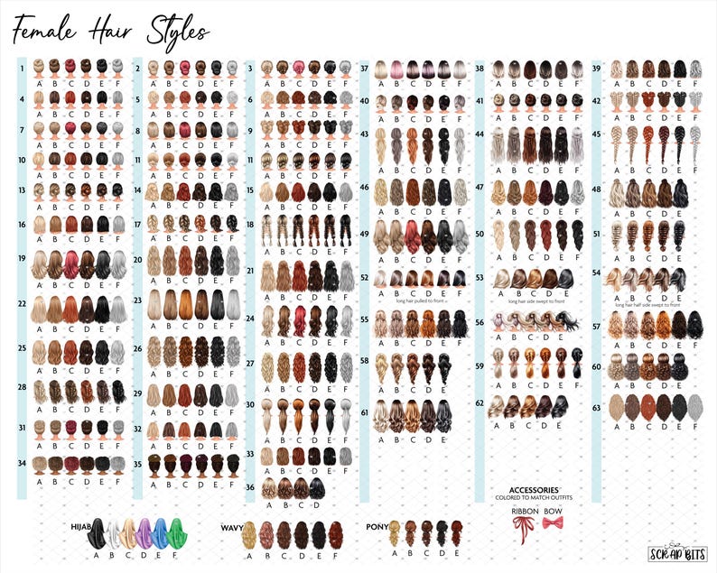The image is a collage of various female hair styles, each represented by a different image of a person's hair. The styles include different hairstyles, such as straight, curly, braided, and updo. The image is organized in a grid format, with each hairstyle represented by a row of images. The styles are labeled with letters A to F, and the images are labeled with numbers 1 to 60. The image is a visual representation of the diverse hairstyles that women can choose from.