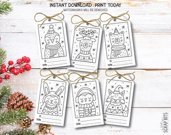 Printable Christmas Coloring Tags, To From Gift Labels, Penguin, Reindeer, Fox, Bunny, Bear . Instant Download