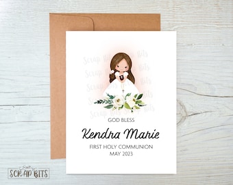 Personalized First Holy Communion Card, Watercolor Floral Girl Communion Card, Communion Portrait Card . Communion Greeting Card