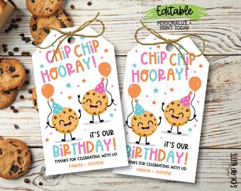EDITABLE Birthday Cookie Tags, Chip Chip Hooray Birthday Tags, Pink, Orange + Aqua Twin Birthday Tags, Printable Birthday Gift Tags