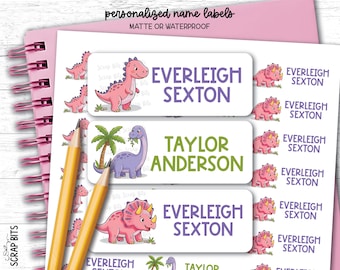 Pink Dinosaur Name Labels, Personalized Waterproof Kids Name Stickers for School, Daycare & Preschool, Custom Belonging Labels