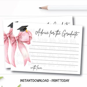 Conseils avec noeud rose pour les diplômés, cartes conseils imprimables pour l'obtention du diplôme, jeux de société Coquette BowGrad, téléchargement immédiat
