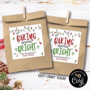 EDITABLE Christmas Tags, Baking Spirits Bright String of Lights, Printable Personalized Gift Labels for Holiday Baked Goods, Coookie Swap