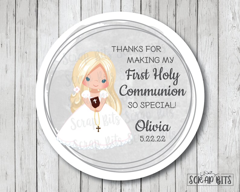 First Communion Labels & Bags, Communion Girl 3 Rings, Personalized Communion Stickers, Glassine Favor Bags, 3 Sizes image 3