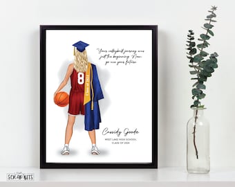 Personalized Female Basketball Graduation Print, Basketball Graduation Gift, Graduation Portrait Print, Basketball Graduation Card